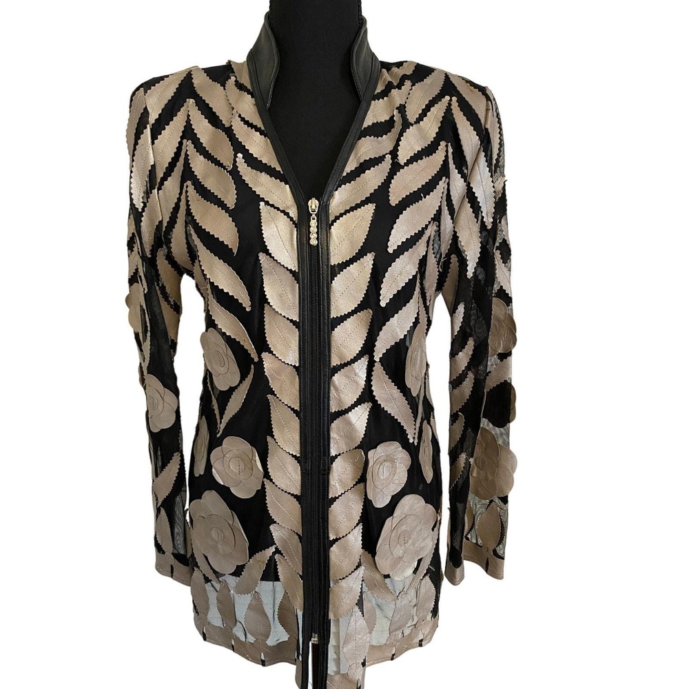 Image Leather Mesh Zip Jacket‎ Metallic Champagne Floral Applique Womens Small